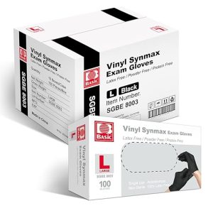 Basic Vinyl Exam Gloves, 4 mil Safty Glove Latex-Free & Powder-Free, SGBE 8003 Synmax Disposable Medical Glove Large (Case of 1000, Black)