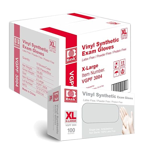Basic Medical Clear Vinyl Exam Gloves - Latex-Free & Powder-Free - VGPF-3004 (Case of 1,000), Xtra Large